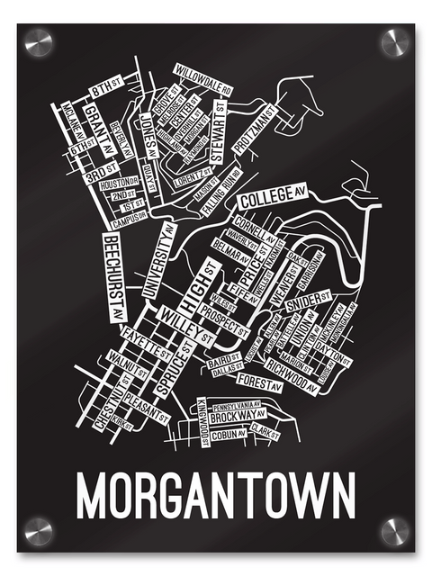 Morgantown, West Virginia Street Map College Map Prints School Street Posters Black Background / White Map 18" x 22" Acrylic Print