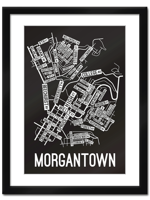 Morgantown, West Virginia Street Map College Map Prints School Street Posters Black Background / White Map 11" x 14" Framed Print