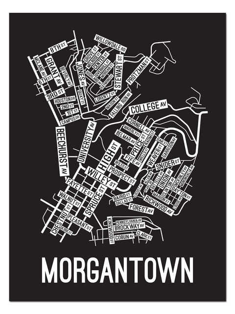 Morgantown, West Virginia Street Map College Map Prints School Street Posters Black Background / White Map 11" x 14" Poster