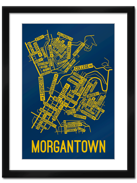 Morgantown, West Virginia Street Map College Map Prints School Street Posters Navy Background / Gold Map 11" x 14" Framed Print