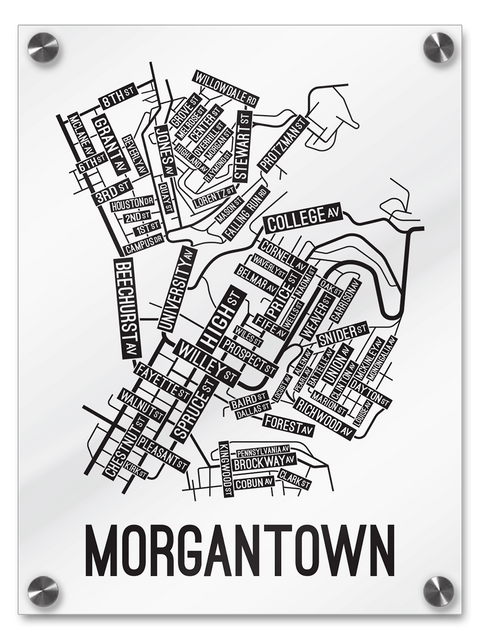 Morgantown, West Virginia Street Map College Map Prints School Street Posters White Background / Black Map 18" x 22" Acrylic Print