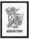 Morgantown, West Virginia Street Map College Map Prints School Street Posters White Background / Black Map 11" x 14" Framed Print