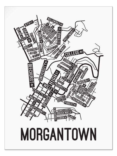 Morgantown, West Virginia Street Map College Map Prints School Street Posters White Background / Black Map 11" x 14" Poster