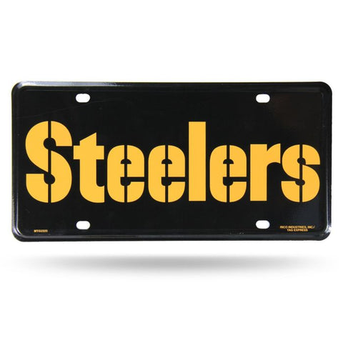 Pittsburgh Steelers Wordmark Black License Plate- Official NFL Metal License Plate - White/Black/Gold colors