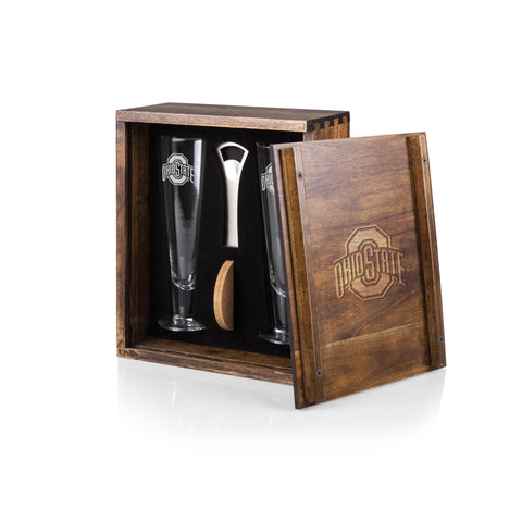 Ohio State Buckeyes Beer Glass – Fluted Pilsner Set with Acacia Wood Holder & Coasters Licensed - YinzerShop