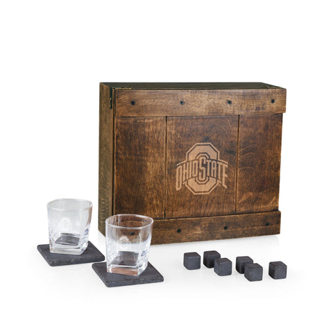 Ohio State Buckeyes Whiskey Box Gift Set – Solid Oak Box with Lowball Glasses & Whiskey Stones Licensed - YinzerShop