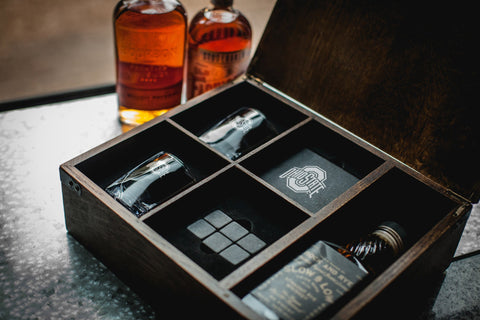 Ohio State Buckeyes Whiskey Box Gift Set – Solid Oak Box with Lowball Glasses & Whiskey Stones Licensed - YinzerShop