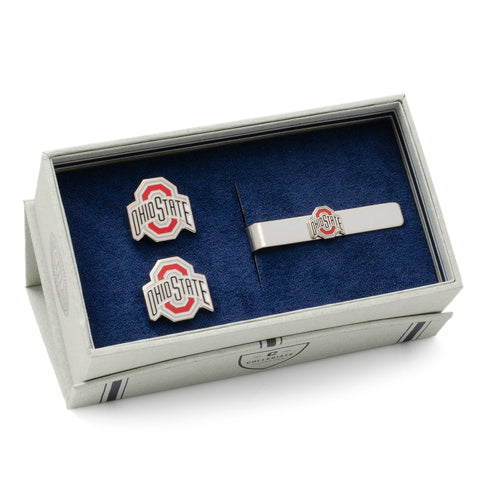 Ohio State Cufflinks Set – Official NCAA Silver Tone Enamel Logo Gift Tie Bar Gift Set - YinzerShop