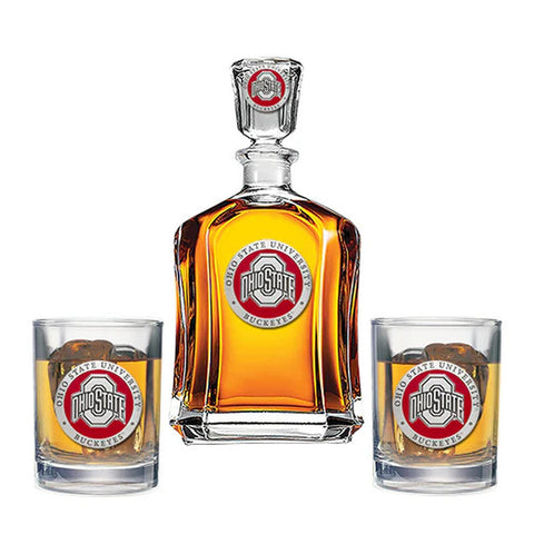 Ohio State University Decanter - 24 Ounce Pewter Embellished Glass Set with 2 Double Old Fashioned Glasses Capitol Decanter Set (3pc) - YinzerShop