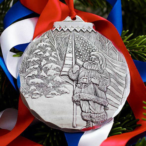 Patriotic Santa Ornament – Handcrafted USA Artisan Holiday Decor with Etched Aluminum