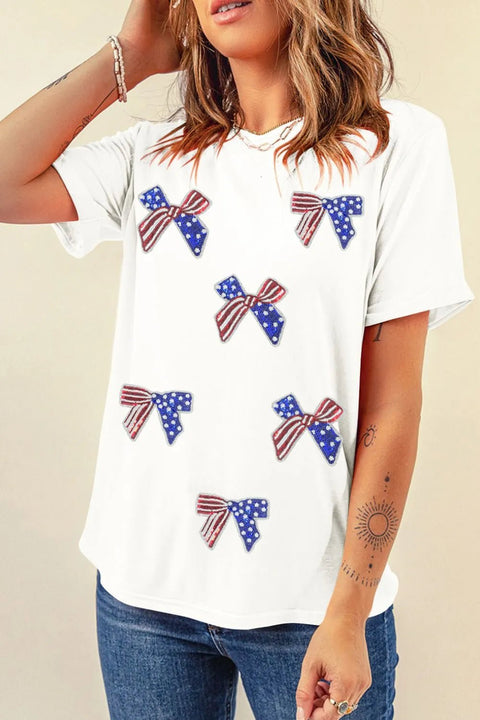 Patriotic Sequin Tee - Flag Bow Shirt Crew Neck T-Shirt with Sparkly Flag Design - YinzerShop