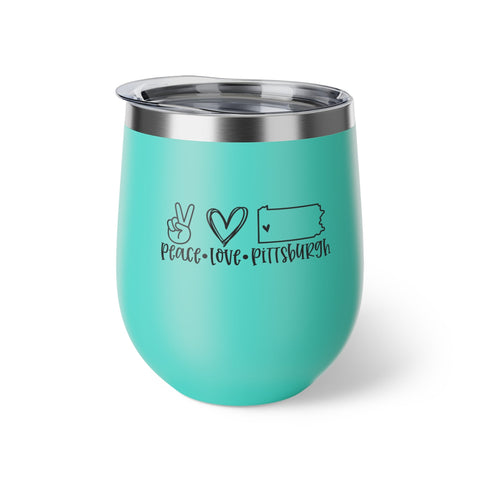 Peace Love & Pittsburgh with Carnegie Quote Copper Vacuum Insulated Cup, 12oz Mug - YinzerShop