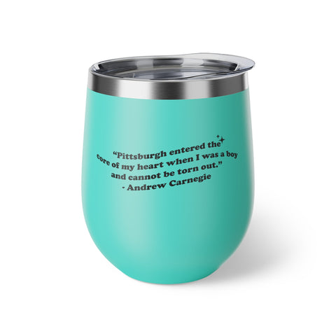 Peace Love & Pittsburgh with Carnegie Quote Copper Vacuum Insulated Cup, 12oz Mug - YinzerShop
