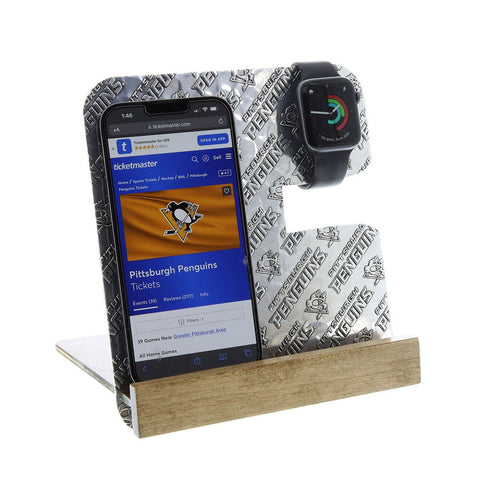 Penguins Electronics Holder | Wood and Metal Desk Organizer with Watch and AirPods Stand Wallet - YinzerShop