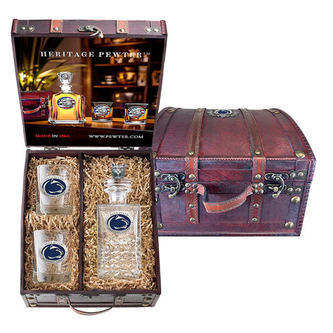 Penn State Decanter Set – Glass Decanter with 3D Cougar Top, 2 Glasses & Antique Chest Box Heritage Decanter Chest Set (3pc) - YinzerShop