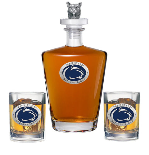 Penn State Glass Decanter Set – 25 Oz Pewter Decanter with 3D Top Cougar & 2 Double Old Fashioned Glasses Decanter Set - YinzerShop