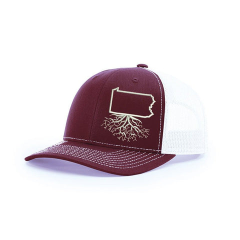 Pennsylvania Snapback Trucker | WearYourRoots Snapback Hat WYR Maroon with White Mesh  