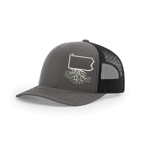 Pennsylvania Snapback Trucker | WearYourRoots Snapback Hat WYR Charcoal with Black Mesh  