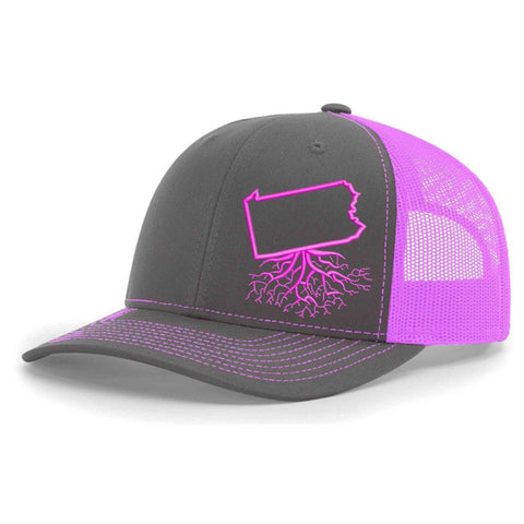 Pennsylvania Snapback Trucker | WearYourRoots Snapback Hat WYR Charcoal with Pink Mesh  