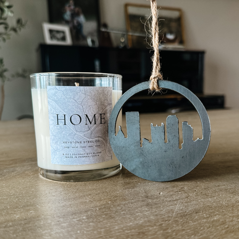 Pittsburgh Home Candle - Hand Poured Coconut Soy Blend, Skyline Ornament Gift Set