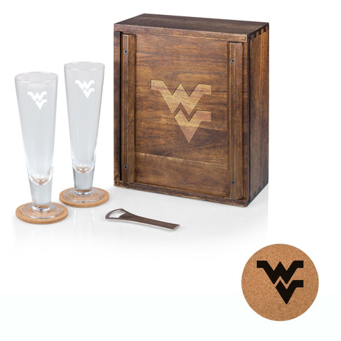Pilsner Beer Glass Set - West Virginia Mountaineers Fluted Glasses With Acacia Wood Base Licensed - YinzerShop
