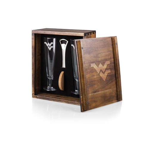 Pilsner Beer Glass Set - West Virginia Mountaineers Fluted Glasses With Acacia Wood Base Licensed - YinzerShop