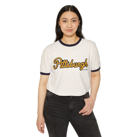 Pittsburgh Faux Embroidery Unisex Cotton Ringer T-Shirt T-Shirt - YinzerShop