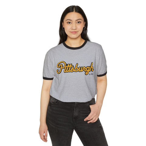 Pittsburgh Faux Embroidery Unisex Cotton Ringer T-Shirt T-Shirt - YinzerShop