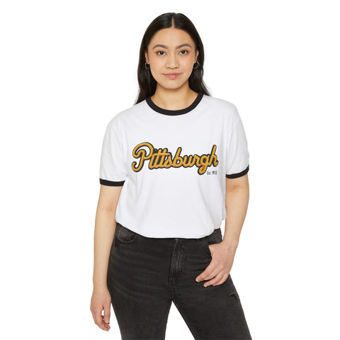 Pittsburgh Faux Embroidery Unisex Cotton Ringer T-Shirt T-Shirt - YinzerShop