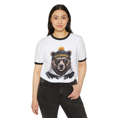 Pittsburgh Game Day Bear - Unisex Cotton Ringer T-Shirt T-Shirt - YinzerShop