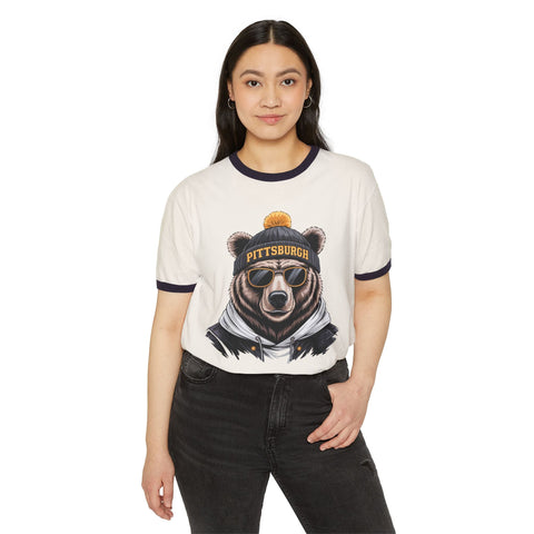 Pittsburgh Game Day Bear - Unisex Cotton Ringer T-Shirt T-Shirt - YinzerShop