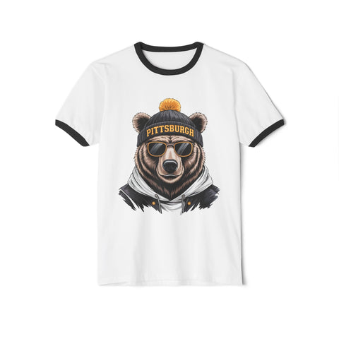 Pittsburgh Game Day Bear - Unisex Cotton Ringer T-Shirt T-Shirt - YinzerShop