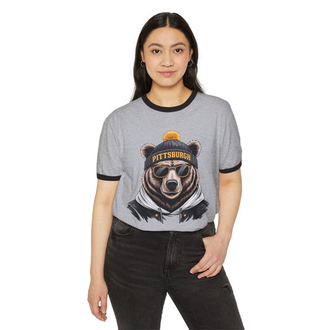 Pittsburgh Game Day Bear - Unisex Cotton Ringer T-Shirt T-Shirt - YinzerShop