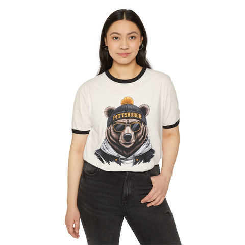 Pittsburgh Game Day Bear - Unisex Cotton Ringer T-Shirt T-Shirt - YinzerShop