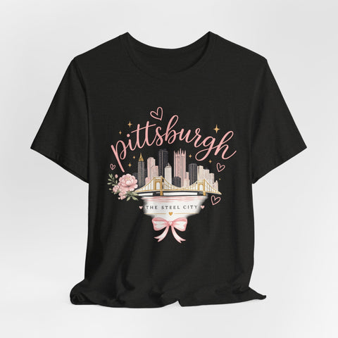 Pittsburgh Girly Bow Pink T-Shirt T-Shirt - YinzerShop
