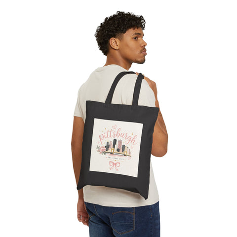 Pittsburgh Girly Bow Pink Tote Bag — Cute City Pride Canvas Tote Bag - YinzerShop