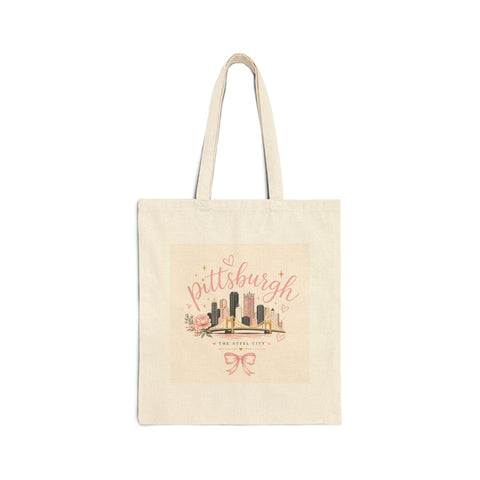 Pittsburgh Girly Bow Pink Tote Bag — Cute City Pride Canvas Tote Bag - YinzerShop