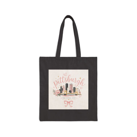 Pittsburgh Girly Bow Pink Tote Bag — Cute City Pride Canvas Tote Bag - YinzerShop