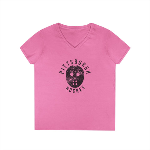 Pittsburgh Hockey Retro Mask - Ladies' V-Neck T-Shirt V-Neck T-Shirt - YinzerShop