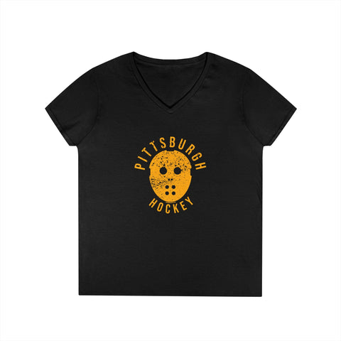 Pittsburgh Hockey Retro Mask - Ladies' V-Neck T-Shirt V-Neck T-Shirt - YinzerShop