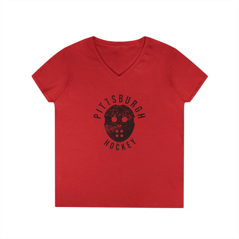 Pittsburgh Hockey Retro Mask - Ladies' V-Neck T-Shirt V-Neck T-Shirt - YinzerShop