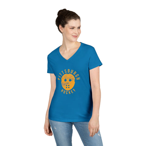 Pittsburgh Hockey Retro Mask - Ladies' V-Neck T-Shirt V-Neck T-Shirt - YinzerShop