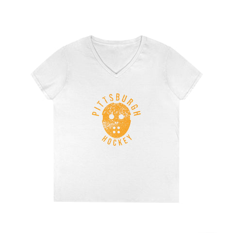 Pittsburgh Hockey Retro Mask - Ladies' V-Neck T-Shirt V-Neck T-Shirt - YinzerShop