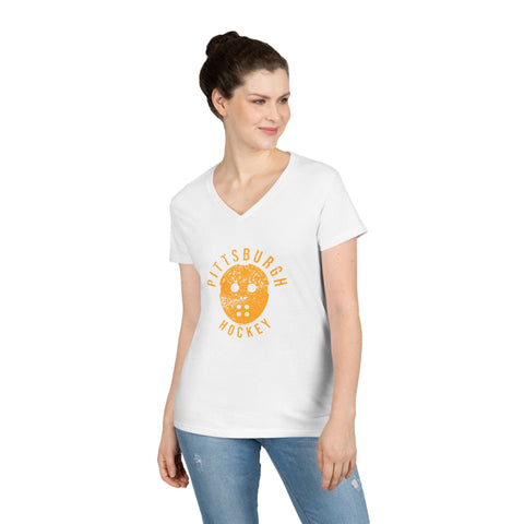 Pittsburgh Hockey Retro Mask - Ladies' V-Neck T-Shirt V-Neck T-Shirt - YinzerShop