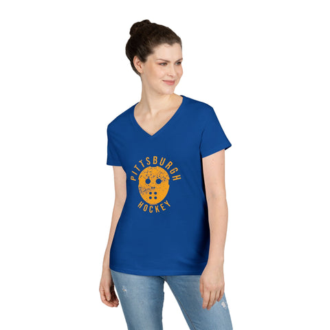 Pittsburgh Hockey Retro Mask - Ladies' V-Neck T-Shirt V-Neck T-Shirt - YinzerShop