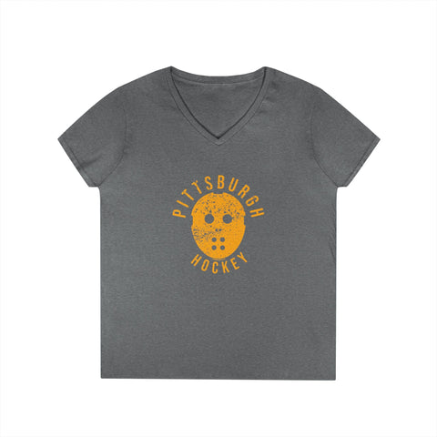 Pittsburgh Hockey Retro Mask - Ladies' V-Neck T-Shirt V-Neck T-Shirt - YinzerShop