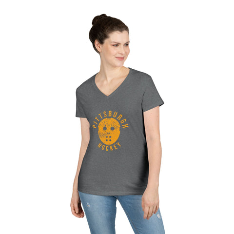 Pittsburgh Hockey Retro Mask - Ladies' V-Neck T-Shirt V-Neck T-Shirt - YinzerShop
