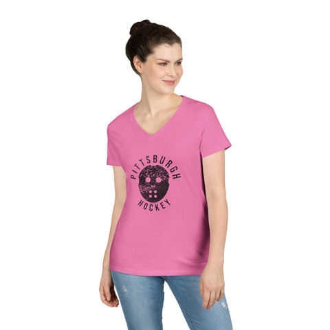 Pittsburgh Hockey Retro Mask - Ladies' V-Neck T-Shirt V-Neck T-Shirt - YinzerShop