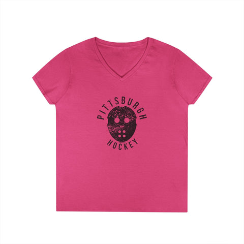 Pittsburgh Hockey Retro Mask - Ladies' V-Neck T-Shirt V-Neck T-Shirt - YinzerShop