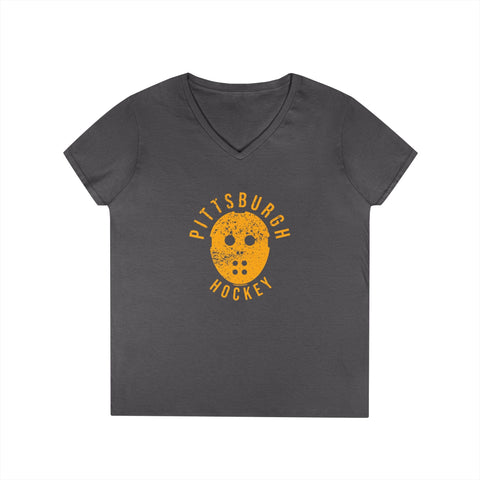 Pittsburgh Hockey Retro Mask - Ladies' V-Neck T-Shirt V-Neck T-Shirt - YinzerShop